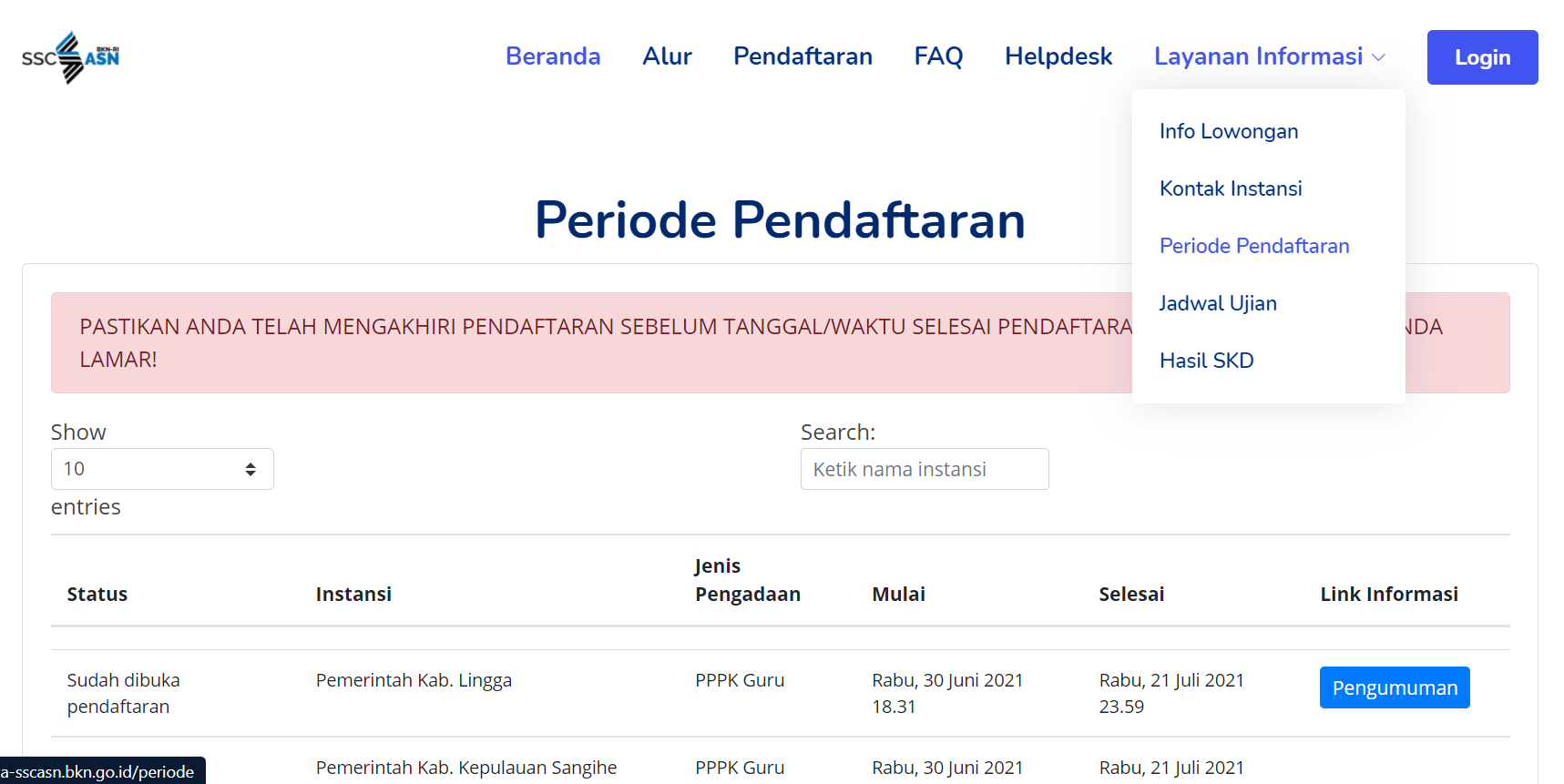 Menu Laman SSCASN