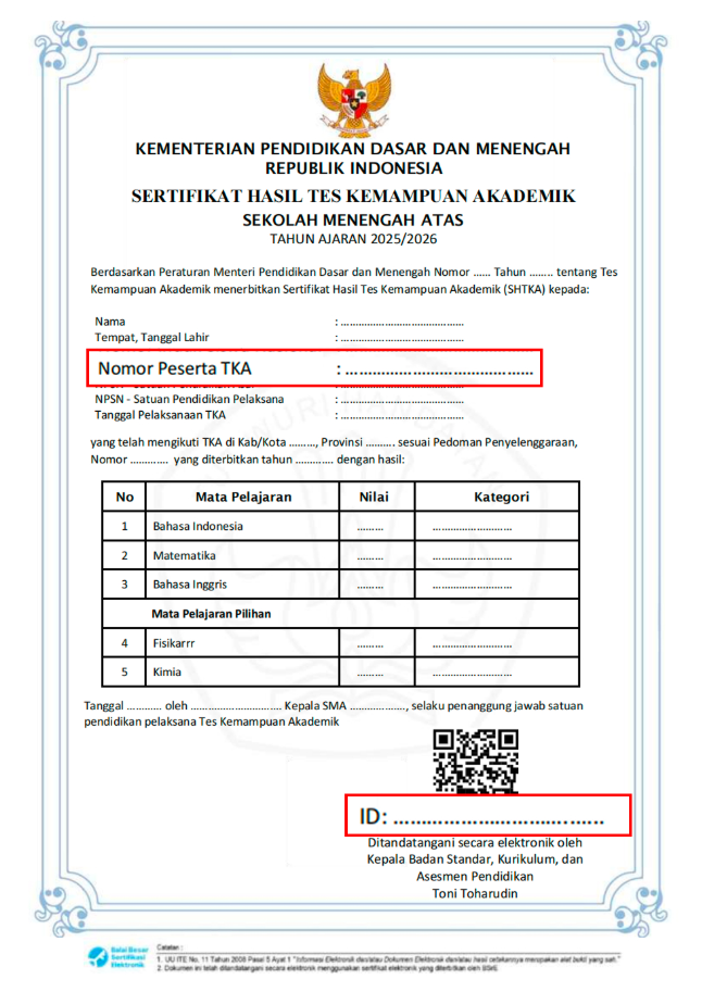 Contoh skor dan sertifikat TKA SMA tahun ajaran 2025/2026